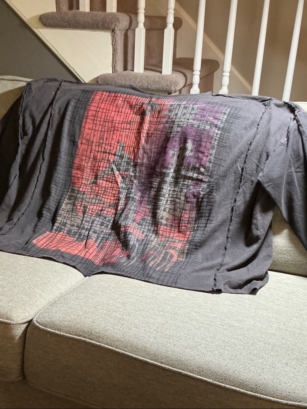 Blue Fish Gray Long Sleeve Top with Red and Purple Graphic